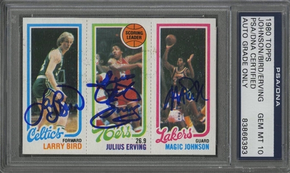 1980-81 Topps Larry Bird, Julius Erving and Magic Johnson Rookie Card – Signed by All Three Hall of Famers! - PSA/DNA GEM MT 10
